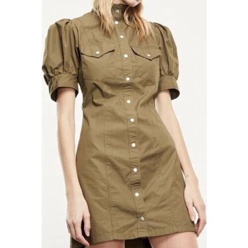 100% Cotton 2021 Spring and Summer New Retro Lantern Sleeve Single-breasted Small Stand-up Collar Tie Waist All-match Dress