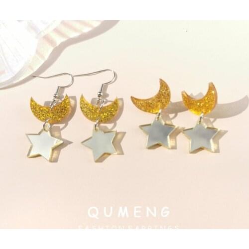 2020 korean Shiny Side Acrylic Star Moon stud Earrings for Women Simple Style cute sweet girls Earrings
