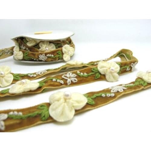 5/8 Inch Light Brown Embroidered Velvet Ribbon with Felt Flower|Sewing|Quilting|Jewelry Design|Embellishment|Decorative