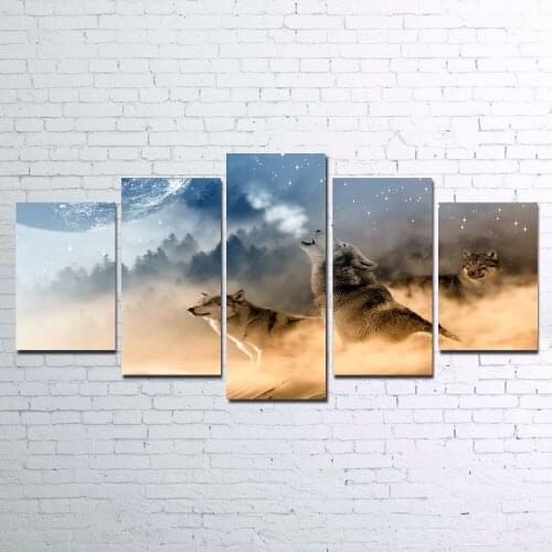 5 Pieces Winter Misty Morning Forest Wolfs Animal Modern Home Wall Decor Canvas Picture Art HD Print Painting On Canvas Unframed
