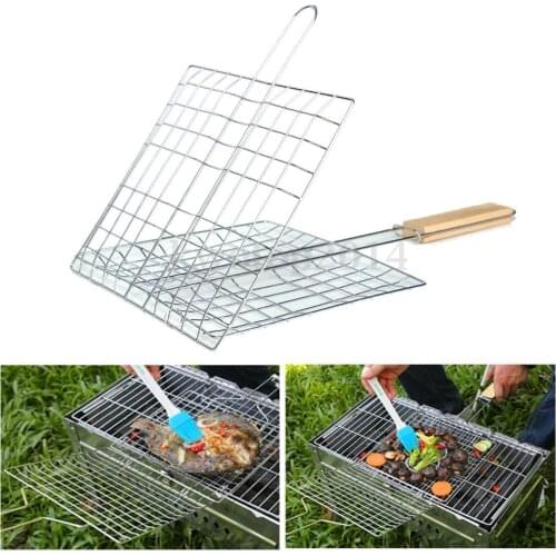 Barbecue Meshes Camping Grill Rack BBQ Clip Folder Grill Roast Folder Basket Tool Meat Fish Vegetable BBQ Tool Wooden Handle