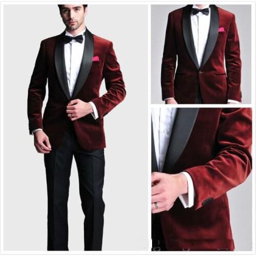 Burgundy Velvet Slim Fit Groom Tuxedos Wedding Suits Custom Made Groomsmen Best Man Prom Suits Black Pants (jacket+pant