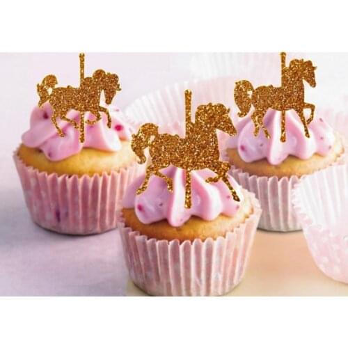 Glitter girl boy BirthdayCarousel Horses Cupcake Toppers baby shower baptism wedding toothpicks