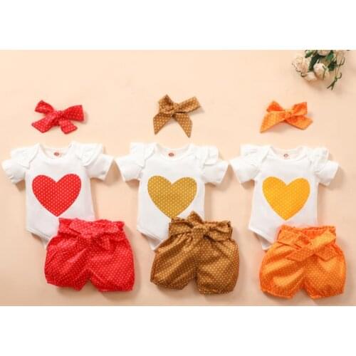 Girl Kids Valentines Day Clothes Short Sleeve Heart Printed Romper Triangle Crotch Tops Wave Point Shorts Bow Headband Clostume