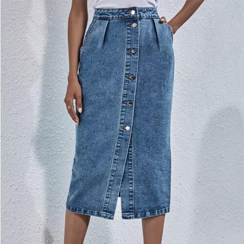 Denim Skirt Women Single Breasted Knee Length Straight Jeans Skirts For Girls High Waist A-line Pockets 2021 New Casual Ladies