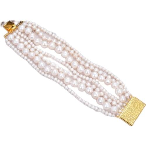 GG Jewelry 8" 7 Rows Natural White Cultured Freshwater Pearl Bracelet Classic Handmade For Women Lady Gift