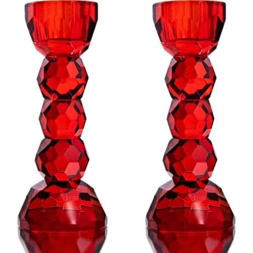 H&D 2 Pack Crystal Glass Candle Holder Candlesticks Dinner Table Decor for Home Wedding Decorations Centerpieces (Red)