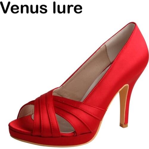 China Women Wedding Bridal Shoes Red Satin High Heel Peep Toe Platform Dress Shoes