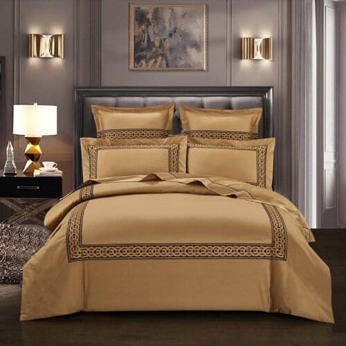 Embroidery White Grey Gold Chic Bedding set Queen King size 4psc Egyptian Cotton Comforter Cover Bed sheet Set Pillow shams