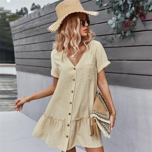 Fashion Solid Short Dresses Women Casual V Neck Single Breasted Summer Dress 2021 Ladies Loose A Line Femme Robe Mini Vestidos