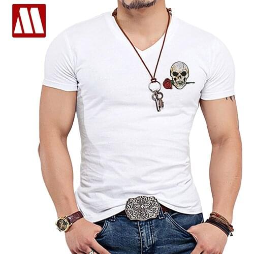 New Funny Colorful Rose Skull T Shirt Mens White Short Sleeve Embroidery T-shirt New Fashion Brand Men Sknniy Tshirt 5XL A003