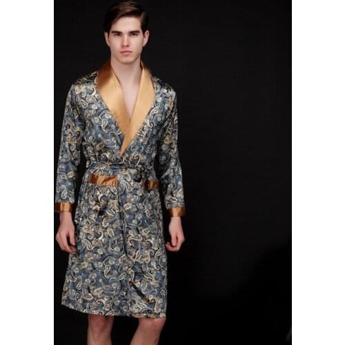 Mens summer thin pajamas medium and long home ice silk nightgown spring and autumn long sleeves home wear