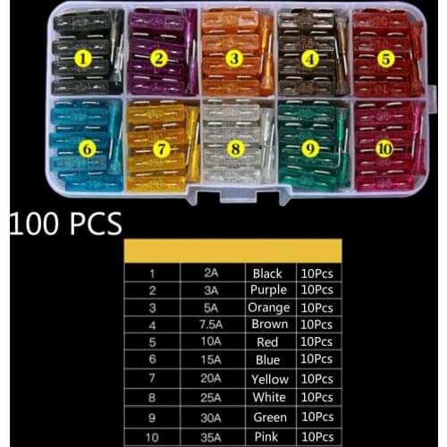 50/100pcs Profile Small Size Blade Car Fuse Assortment Set for Auto Car Truck 2.5/3/5/7.5/10/15/20/25/30/35A Fuse Kit with Box