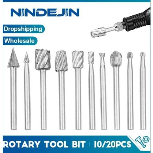 NINDEJIN 10/20pcs Woodworking Rotary Burrs Set 3mm Round Shank High Speed Steel Wood Milling Cutter File Dremel Accessories