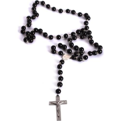 Brand New Mens Beckham Cross Pendant Black Rosary Beads Necklace Drop Shipping