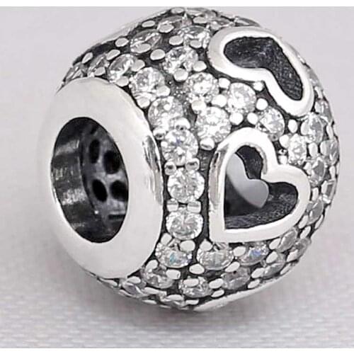 Original Openwork Tumbling Hearts With Cubic Zirconia Beads Fit 925 Sterling Silver Charm Bracelet Bangle DIY Jewelry