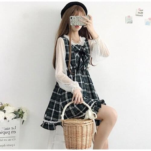Dress Women Clothes Autumn And Summer 2020new Small Fresh Plaid Bow Big Swing Mesh Lantern Long Sleeve Two Piece Set