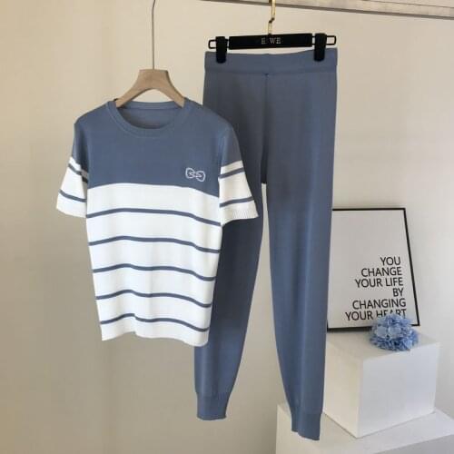 Casual Short Sleeve Knitted 2 Piece Sets Women Summer Knitwear Tops+Pants Ankle-Length Suit Korean Stripe Elastic Tracksuit