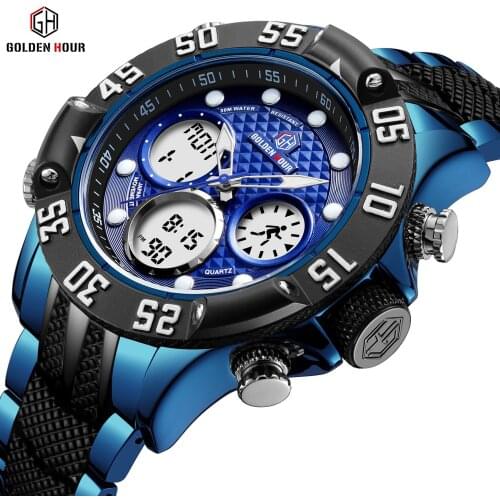 GOLDENHOUR GH119 Luxury Men Military Sport Fashion Watches Quartz Brand Waterproof Stainless Steel Watch Minimalist Watch