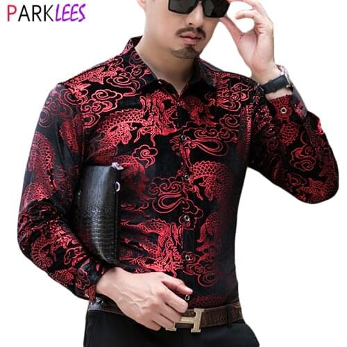 Luxury Chinese Dragon Bronzing Velvet Shirt Men 2020 Brand New Slim Fit Long Sleeve Mens Dress Shirts Velour Casual Camisas 3XL