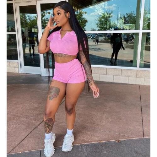 Sexy Women Clothing Solid Turn Down-neck Short Sleeve T-shirt Shorts Summer Matching Fitness Club Outfits Streetwear Wholesale