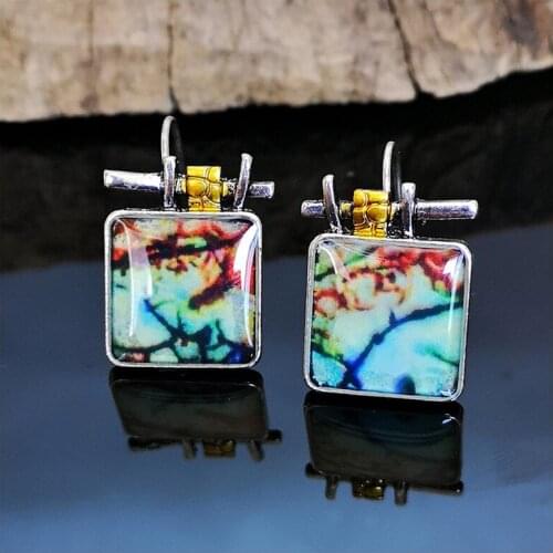 Vintage Ethnic Gypsy Branch Pattern Resin Dangle Earrings for Women Mystic Fantasy Two Tone Square Drop Earrings Boho Jewelry
