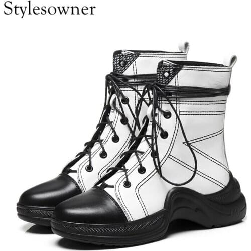 Stylesowner 2018 Popular Hot Style New Design Thick Bottom Woman Boots Genuine Leather Flat Lace-up High Platform Mixed Boots