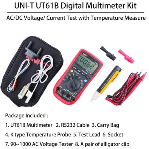 UNI-T UT61B Full Functions Digital Multimeter for AC/DC Voltage Current Test with 90~1000V AC Voltage Tester and Carrying Bag
