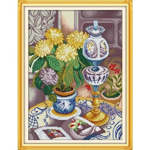 Chrysanthemum Vase 11CT Printed Cross Stitch Kits Wall Decor Paintings Handmade Home Decoration Knitting Set DIY Embroidery