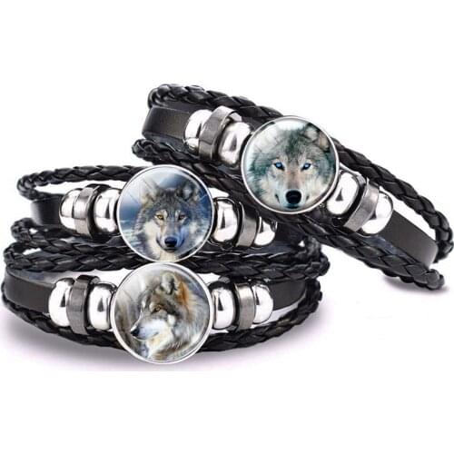 Vintage Jewelry Animal Wolf Bracelet Wolf Head Glass Cabochon Charm Black Leather Bracelet Gifts for Men