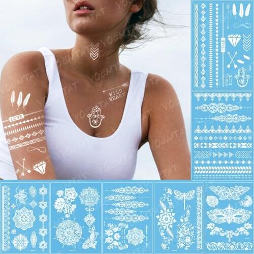 Waterproof Temporary Tattoo Sticker Bracelet Hand of Fatima Arrow Diamond Feather Flash Tatoo White Henna Body Art Fake Tatto
