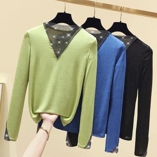 Tee Shirt Femme V-Neck T-Shirt Women 2021 Autumn Casual Diamonds Thin Tshirt Long Sleeve Tops Korean Spring Woman Clothes