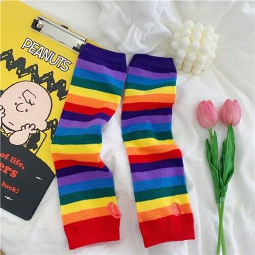 Women Girl Harajuku Elbow Length Fingerless Arm Sleeve Warmer Rainbow Colored Striped Knitted Sunscreen Halloween Costume Gloves