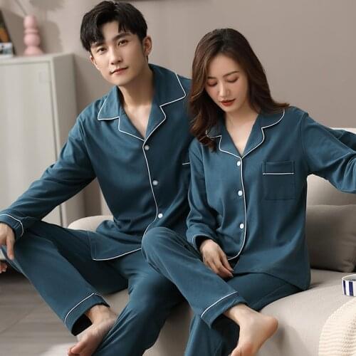 Winter 100% Cotton Pajamas Couple for Lovers Full Sleeves Couple Sleepwears Men Nightwear Homewear Pj Set Solid Couple Pijamas