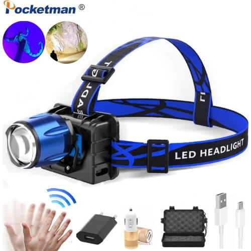 2 In 1 Powerful UV Headlamp USB Rechargeable Zoom violet/white Light Headlights UV Flashlight Head Torch Scorpion Catching Lamp