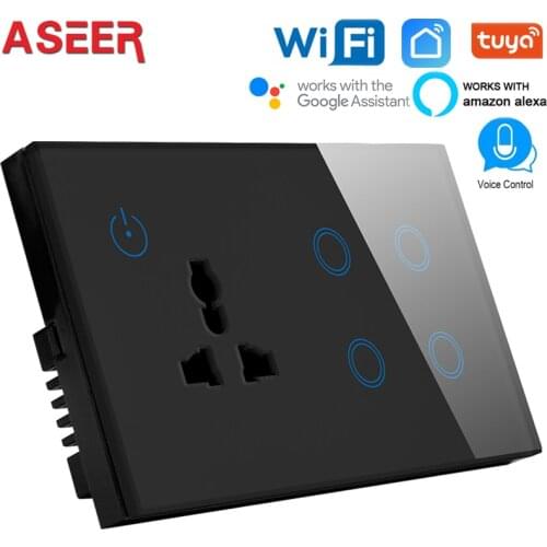 ASEER 4 Gang WIFI Switch with WIFI Socket 146 Type,Black Glass Panel Intelligent switch socket,compatible alexa,google assistant
