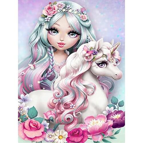 Diamond Painting Round Full Drill Pretty Girl Cute Unicorn DIY Mosaic Embroidery 5D Cross Stitch Cartoon Portrait Picture