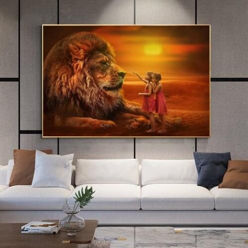 Twins with Lions African Landscape Art Canvas Paintings Wall Art Posters and Prints Wall Art Pictures for Living Room No Frame