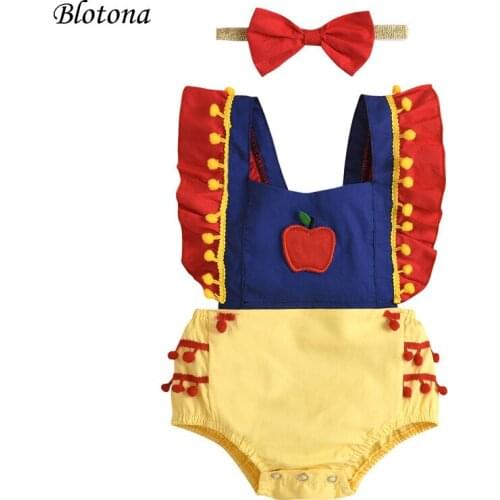 Blotona 2Pcs Baby Girls Outfit Toddler Creative Apple Plush Ball Decoration Fly Sleeve Suspender Romper+Bow Headwear 0-18Months