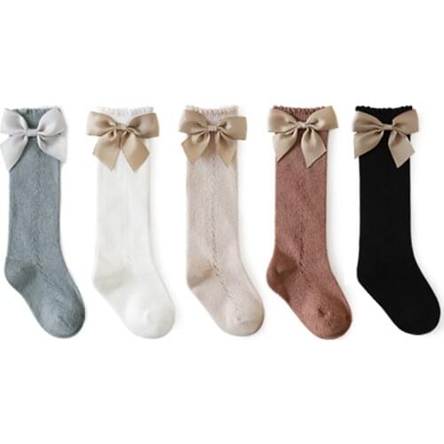 With Bowknot Long Tube Stockings Kids Lace Pure Color Cotton Hollow Mesh Socks for Girls Comfortable Sweet Girls Hosiery 1Pair