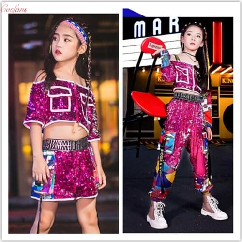 2 Pieces/ Set Girls Jazz Dance Costume Sparkly Hip Hop Clothing ChildrenS Sequin Strapless Long Sleeve girls Street Costumes