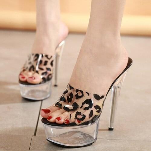 Leopard Super High-Heeled Sandals Womens 15CM Thin Heels Platform Slippers Woman Transparent Crystal Party Wedding Shoes WS088