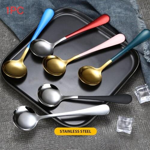 1PC Cute Dessert European Tableware Stainless Steel Spoon Coffee Round Spoon Kitchen Hot Drinking Flatware