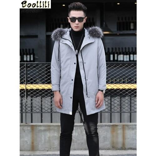 Boollili Jacket Men Natural Fur Coat Real Racoon Fur Collar Parka Wool Liner Jacket Long Overcoat