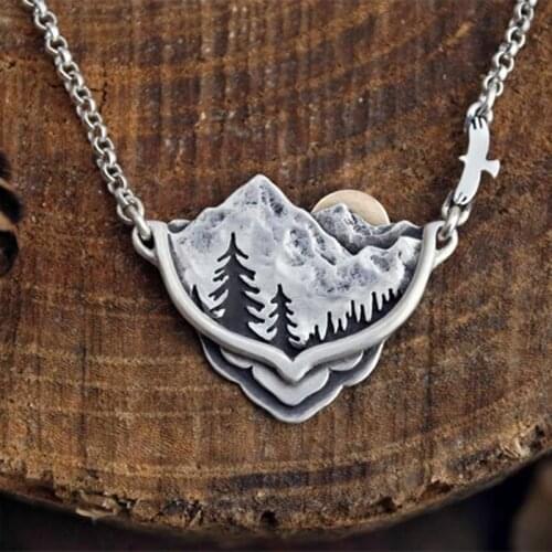 Vintage Fashion Range Mountain Pines Sun Landscape Pendant Necklace Men Women Accessories Party Jewelry Gifts Statement Necklace