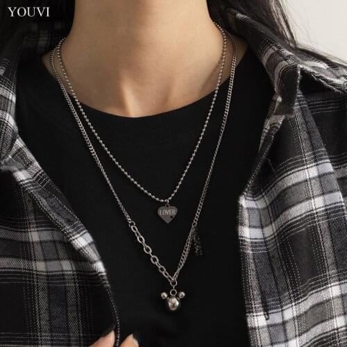 YOUVI Titanium Steel Mens Necklace Set Jewelry 2Pcs Layered Heart Bear Pedant Women Necklace Stainless Steel Jewelry Charm