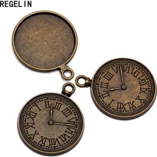 REGELIN jewelry Round Antique Bronze findings Clock cabochon settings blank pendant 10pcs/lot Tray inner 25mm