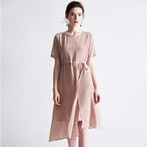 Pink Chiffon Silk Crepe Dresses Women Fashion 2021 Summer Long Casual Sexy Office Work Daily Dress Plus Size Slim Elastic Waist