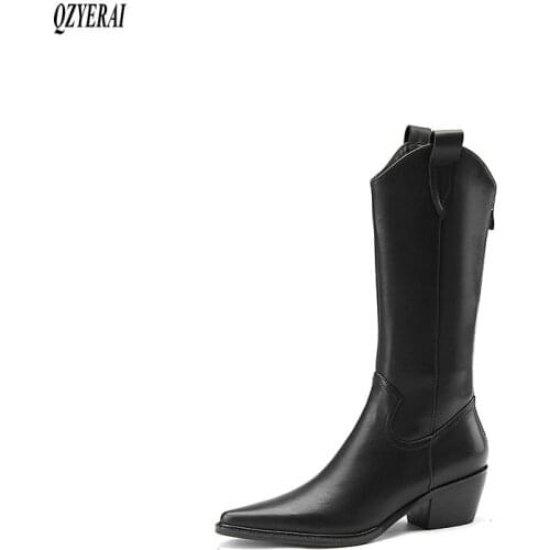 Women boots calf boots Genuine leather Motorcycle boots black brown pointed 2020 new autumn winter cowhide Women shoes Size34-40