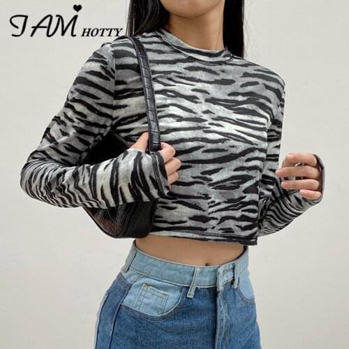 Harajuku Zebra Printed Y2K Womens T-shirts Vintage Goth Girls Cropped Top Aesthetic Korean Style Long Sleeve Tees 2020Iamhotty